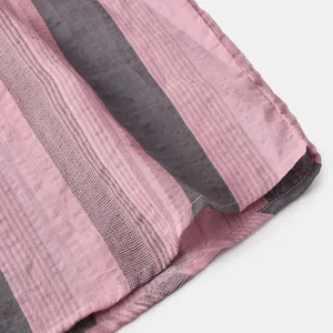 Detailed macro view of pink and grey vertical striped breathable fabric on a men's beach shirt