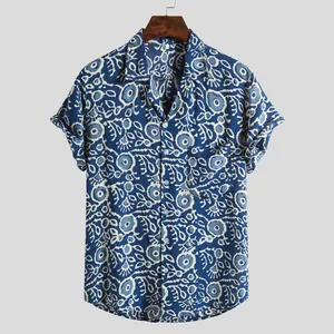 Detailed view of men's vintage Hawaiian floral print short sleeve shirt in blue