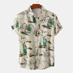 Men's short-sleeved casual button-down shirt with cactus and desert landscape print