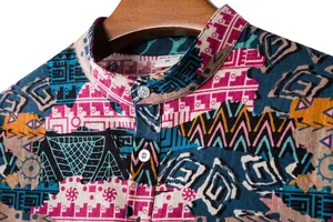 Detailed macro view of men's short sleeve shirt with ethnic pattern and mandarin collar