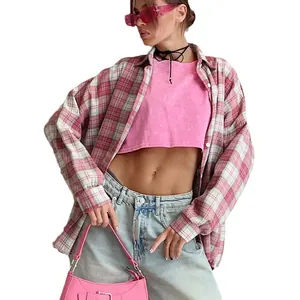 Vintage pink and white plaid long sleeve oversized shirt for women streetwear style