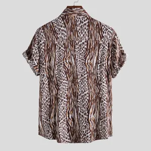 Back view of men's casual short-sleeve button-down shirt with wild leopard print.