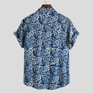Back view of men's vintage blue and white floral Hawaiian short sleeve casual shirt