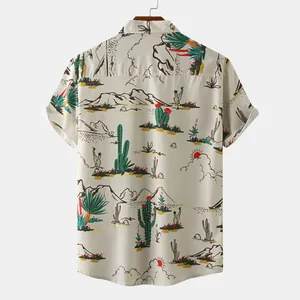 Detailed back view of men's slim fit short-sleeve shirt with cactus desert print
