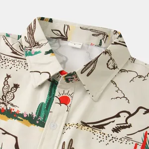 Detail shot of desert cactus print on beige men's short-sleeve casual shirt collar
