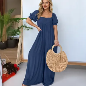 Eleganter marineblauer Jumpsuit in Übergröße mit Puffärmeln und modischen Faltenverzierungen