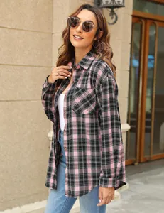 Casual long-sleeved pink plaid shirt for women with buttoned front and breast pocket