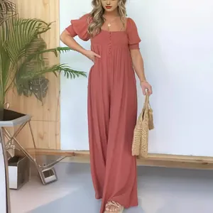 Eleganter einfarbiger lässiger Jumpsuit mit Puffärmeln, Karree-Ausschnitt und weitem Bein