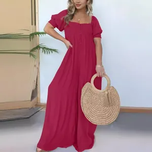 Eleganter einfarbiger Jumpsuit in Übergröße mit Puffärmeln und weitem Bein für Damen
