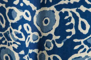 Close-up detail of vintage indigo blue floral print fabric for men's Hawaiian shirt