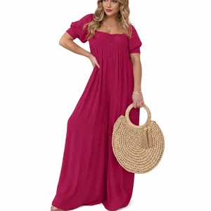 Eleganter bordeauxroter Damen Jumpsuit in Übergröße mit Puffärmeln und weitem Bein
