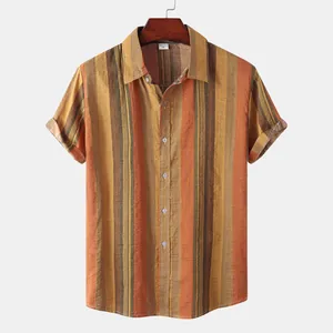 Front view of a men's Hawaiian style striped short-sleeved casual holiday beach shirt