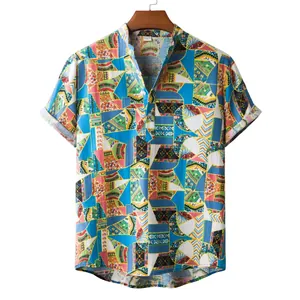 Detail shot of vibrant geometric pattern on men's casual short sleeve cotton linen shirt.