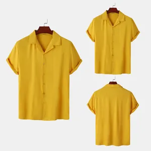 Multi-angle view of a men's yellow casual short-sleeve shirt with camp collar design.