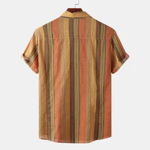 Back view of summer Hawaiian casual beach shirt with multi-color vertical stripes