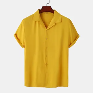 Bright yellow men's casual short sleeve shirt with turn-down collar and button front.