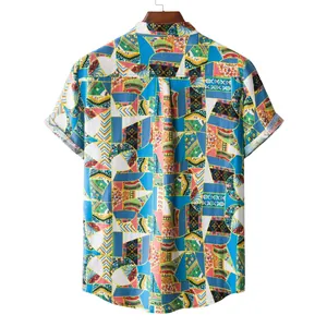 Detailed back view of men's casual short sleeve linen shirt with vibrant geometric patterns