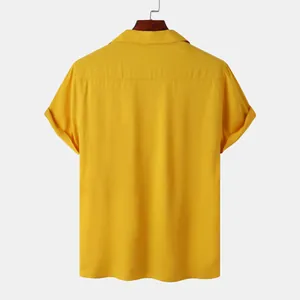 Back view of a vibrant yellow men's casual short-sleeve button-up shirt on a hanger