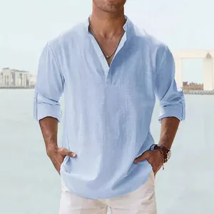 Men's light blue linen cotton long sleeve shirt with a stand collar in Henley style