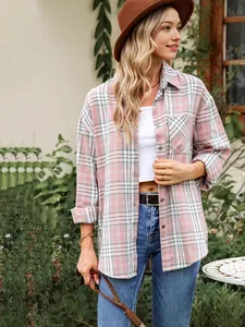 Women's Plaid Button Down Mid-Length Shirt European Style Long Sleeve Lapel Blouse With Pocket Casual Commuter Top