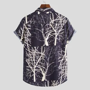 Back view of men's navy blue short sleeve shirt with vintage tree branch print