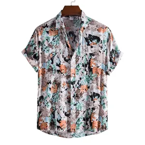 Detailed view of men's short-sleeved casual shirt with vibrant abstract floral print