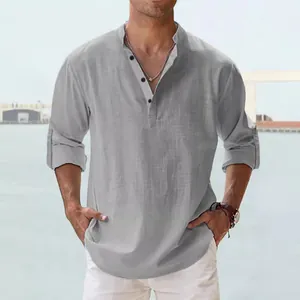 Men's casual loose grey cotton linen long-sleeve shirt with stand collar and button neck