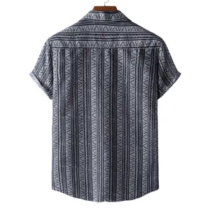Back view of men's Hawaiian short sleeve shirt with black ethnic geometric patterns