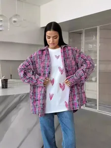Chemise à Carreaux Rétro pour Femmes Manches Longues Décontracté Oversized Haut à Boutons Large Patchwork Col à Revers