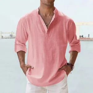 Men's pink linen henley shirt with stand collar and long sleeves in a relaxed fit