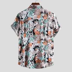 Back view of men's summer casual short sleeve shirt with abstract floral pattern print
