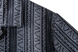 Close-up of ethnic tribal geometric patterns on black Hawaiian short sleeve shirt