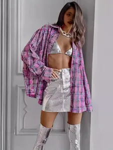 Chemise à carreaux en coton rose et violet pour femme, haut ample à manches longues
