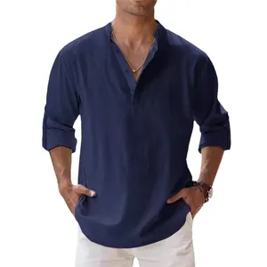 Men's navy blue linen shirt with stand collar and long sleeves, loose fit casual style