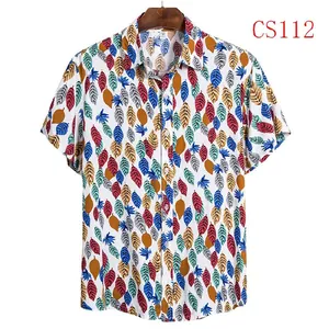Men's Hawaii style short-sleeved shirt featuring a vibrant leaf print on a white base