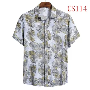 Men's Hawaiian tropical leaf print short sleeve button down casual shirt for summer
