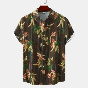 Chemise hawaïenne marron vintage pour homme avec motifs tropicaux de fleurs et fougères