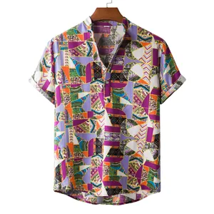 Men's casual short-sleeve shirt featuring a vibrant geometric floral print in linen-style fabric