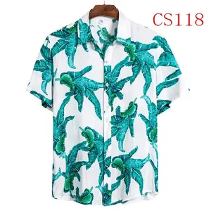 Men's stylish Hawaiian short-sleeved shirt with green tropical leaf print on a white base