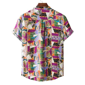 Back view of men's short-sleeved linen shirt with vibrant geometric abstract pattern