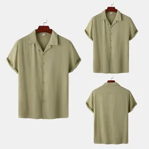 Professional studio detail view of men's olive green casual short sleeve button-down shirt