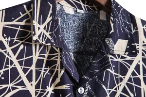 Close-up of a men's retro Hawaiian print short sleeve shirt with navy and beige patterns