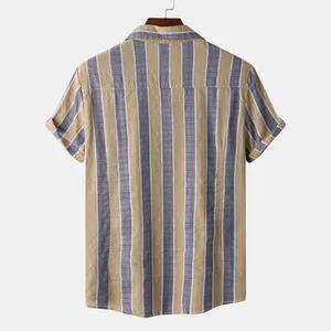 Back view of men's Hawaiian casual striped shirt in yellow and grey colors