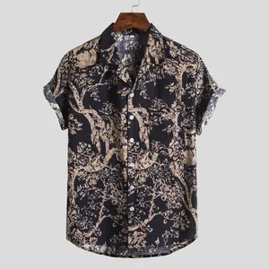 Macro view of detailed vintage tree print pattern on short-sleeve casual leisure shirt