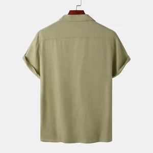 Back view showing the fabric and cut of a casual olive green short-sleeve men's shirt