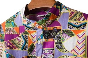 Detailed close-up of mandarin collar and vibrant patchwork pattern on men's linen shirt