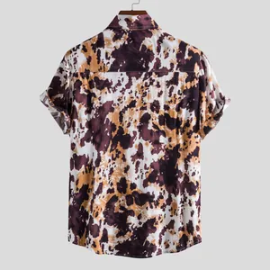 Back view of men's casual short sleeve shirt featuring brown abstract cow print