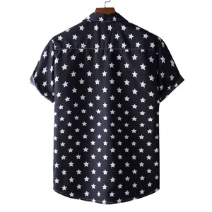 Back view of black short sleeve men's shirt with white star print pattern