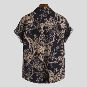 Detailed back view of a men's retro Hawaii style short-sleeved shirt with floral print.
