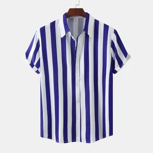 Men Casual Vertical Striped Cotton Denim Shirt Short Sleeve Lapel Button Up Top Fashion Summer Male Apparel